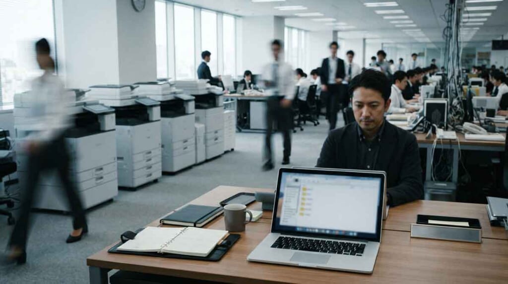 多くの複合機から書類がひとつに整理されて集まっていくイメージ