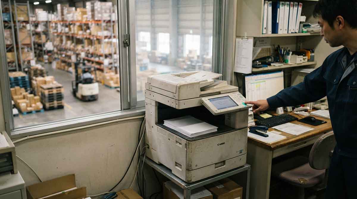 支店や物流センターの複合機から、書類がひとつのフォルダに集まっていくイメージ