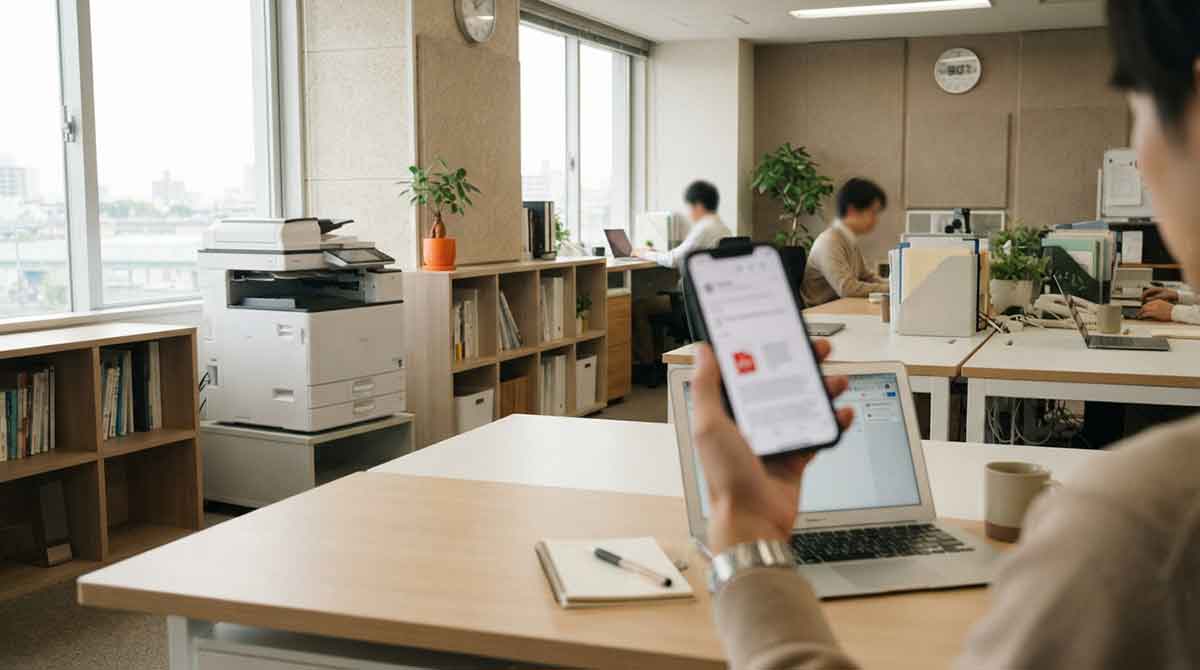 紙が出てこない複合機の前で、受信したFAXをスマートフォンで確認しているイメージ