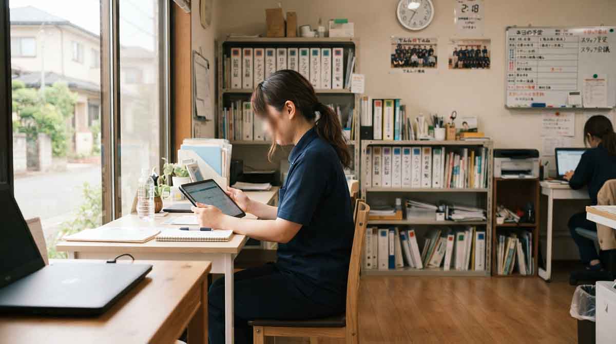 介護事業所の事務スペースで、受信したFAXをタブレットで確認するイメージ