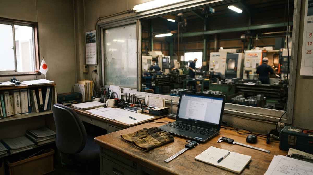 町工場の事務所で、パソコンの画面を確認しているイメージ