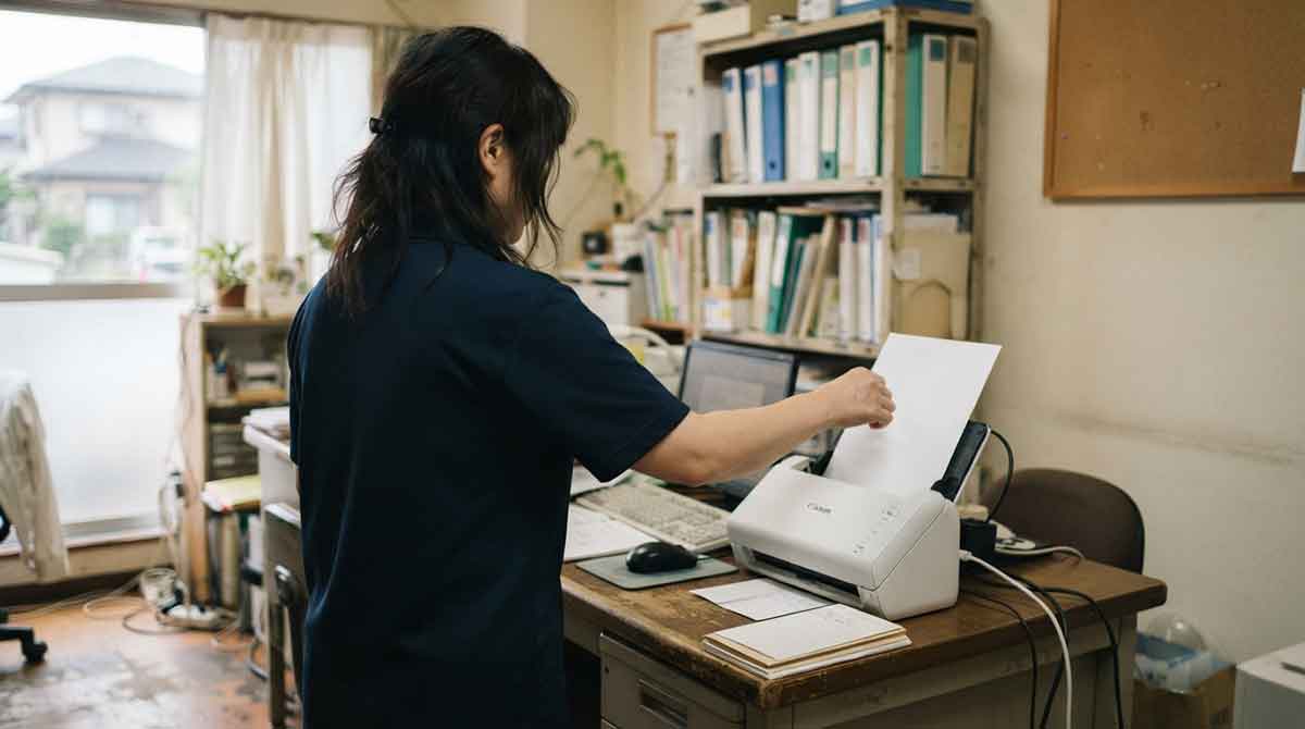 訪問介護の事業所で書類をスキャンするイメージ