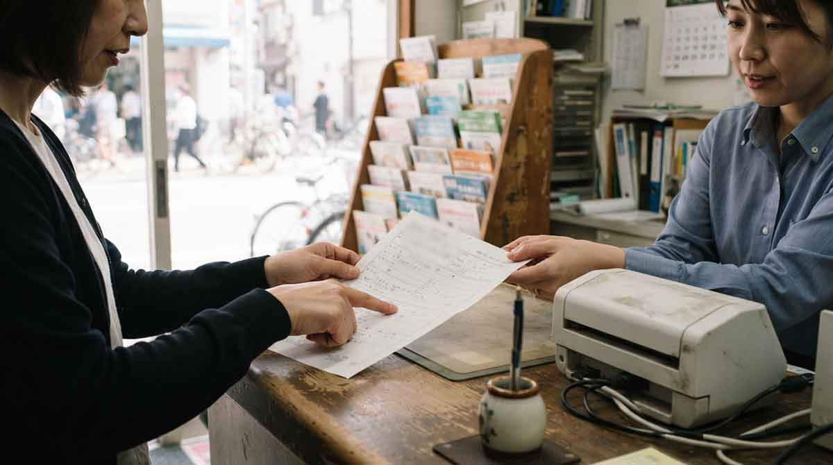 小さな保険代理店の窓口で申込書を扱うイメージ