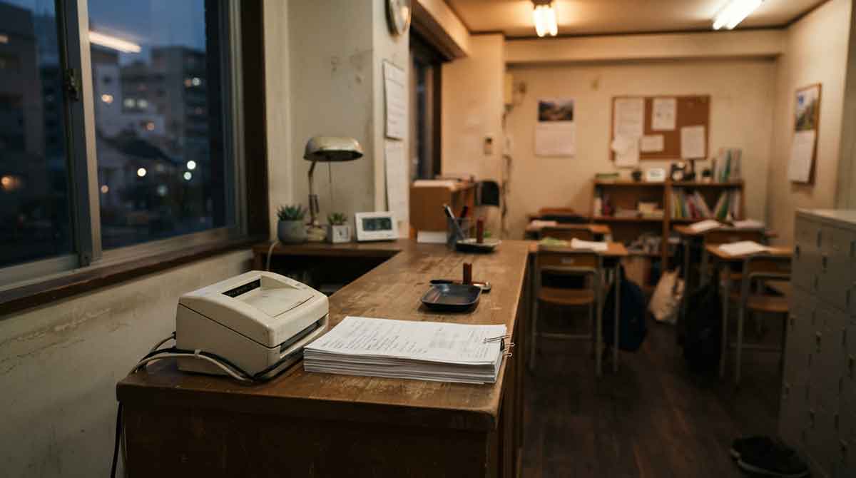 学習塾の受付で入会書類を扱うイメージ