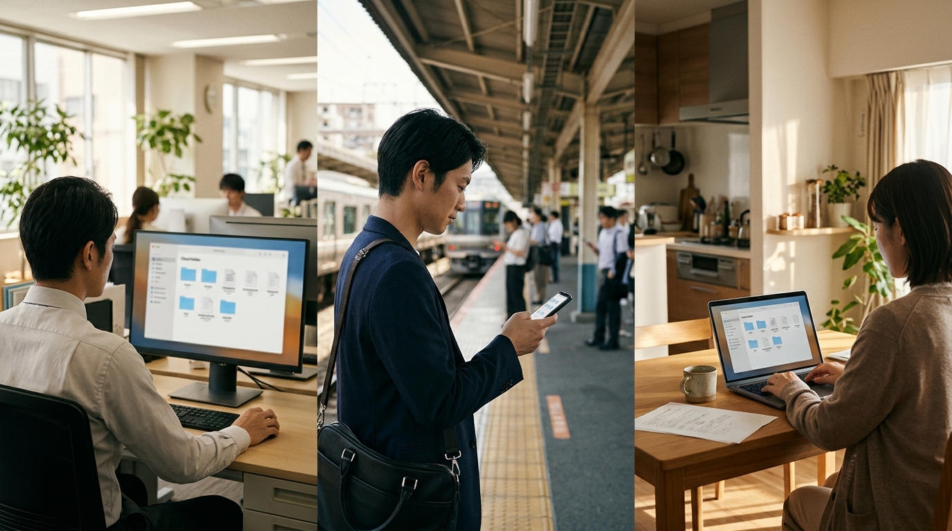 オフィス、外出先、自宅で、同じクラウドの書類を開く人たち