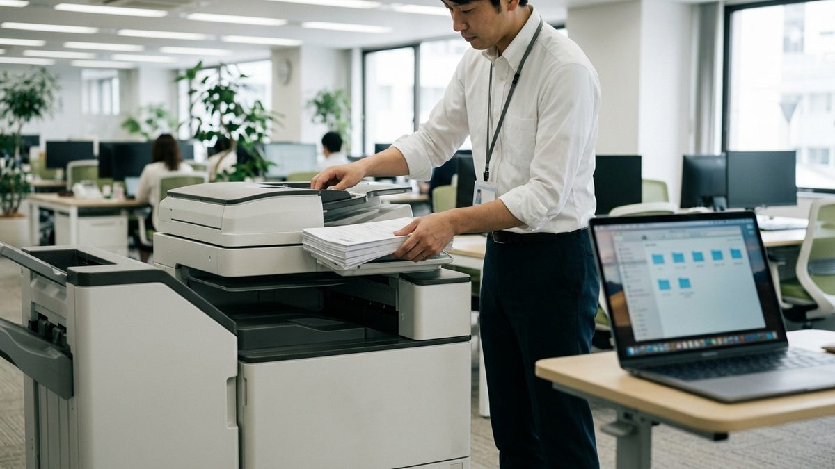 オフィスの複合機から読み込まれた書類を、AIが読み取って整理していくイメージ